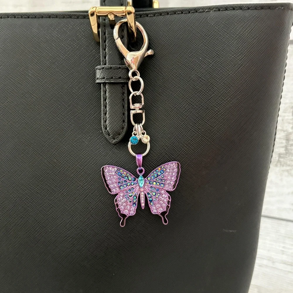 Sparkling Purple Butterfly with Rhinestones Purse Charm‎ Keychain Bag Accessory